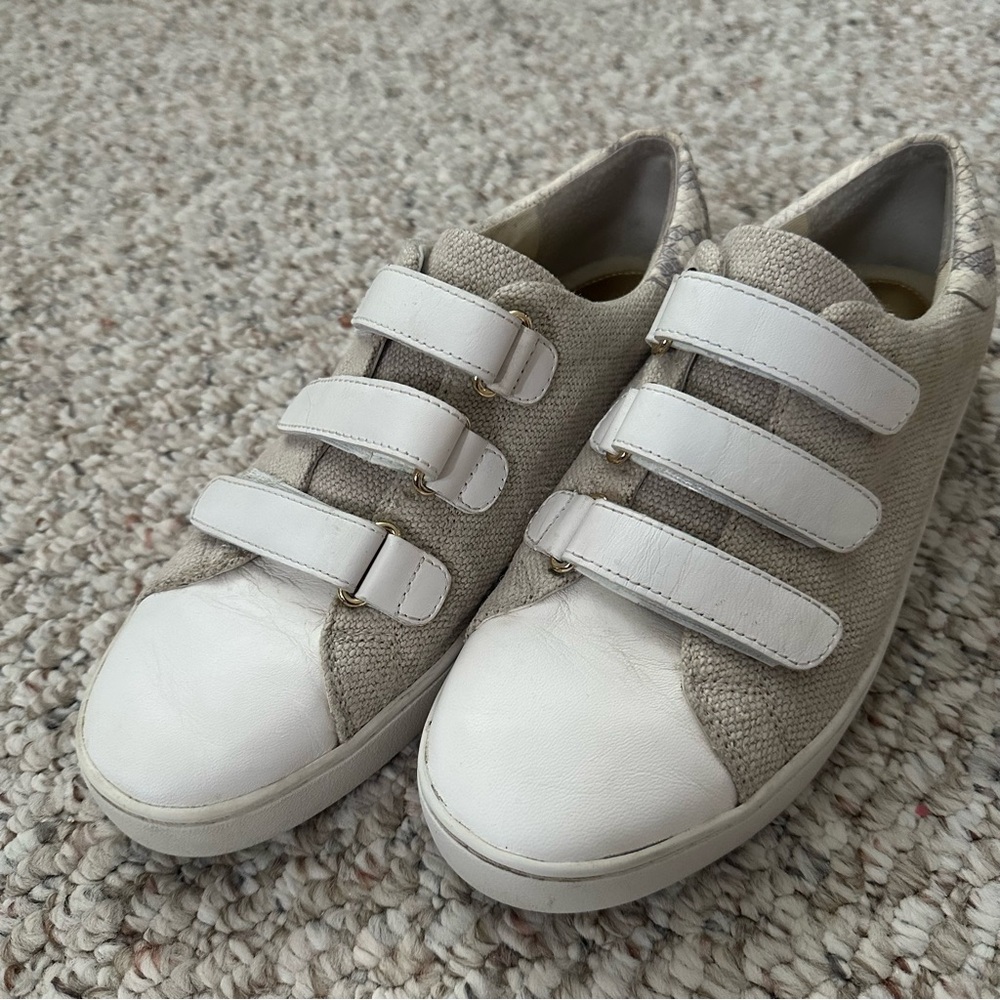 Michael Kors Designer Sneakers Beige Canvas White Leather MK Casual Shoes Womens